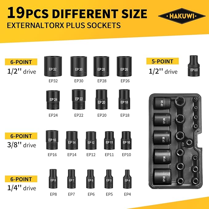 19-Piece External Torx Plus Socket Set, Ultimate Star Socket Set, 6 Point EP Socket 1/2'' 3/8'' 1/4'' Dr EP4-EP32,5 Point EP Socket 1/2'' EP8.8 Dr E-Torx Plus set, Compatible with Tesla