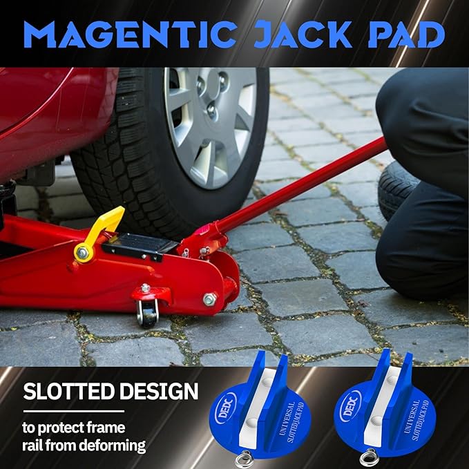 DEDC Universal Pinch Weld Jack Pad 2 Pcs Blue, Magnetic Aluminum Jacking Puck Frame Rail Protecotr with 2 Reminder Streamers, Garage Accessories for Mechanics