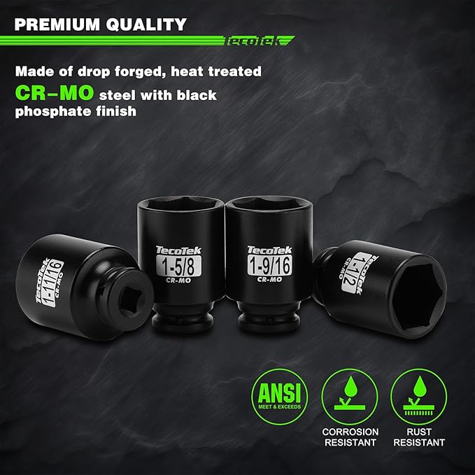 1/2" Drive Deep 6-Point Impact Socket Set, 11-Piece Standard SAE Spindle Axle Nut Impact Socket Set, Cr-Mo, 1-3/8-Inch to 2-Inch Size