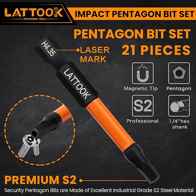 Impact Pentagon Bit Set, LATTOOK 21-Pieces Metric 5 Sided Tamper Proof Security Bit Set, 1/4" Hex Shank Magnetic S2 Steel, 2.3'' & 1'' Long