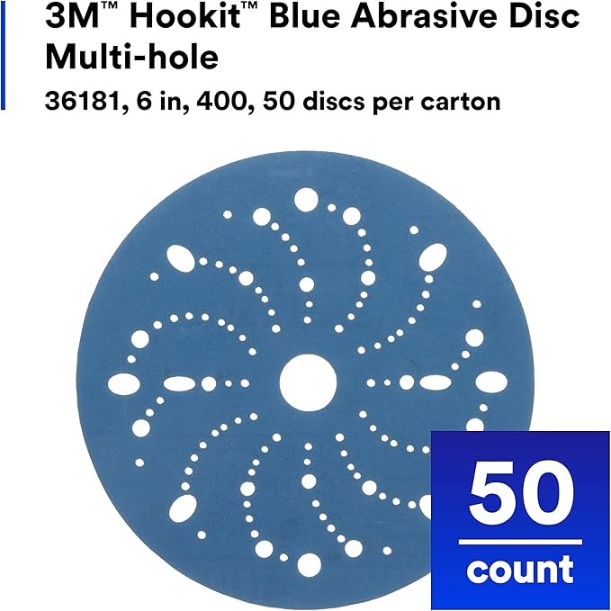 3M Hookit Blue Abrasive Discs 36181, Multi-Hole, 6 in, 400+ Grade, Pack of 50, Virtually Dust-Free, for Auto Sanding, Body Repair, Featheredging, Primer Sanding, Paint Preparation, E-Coat
