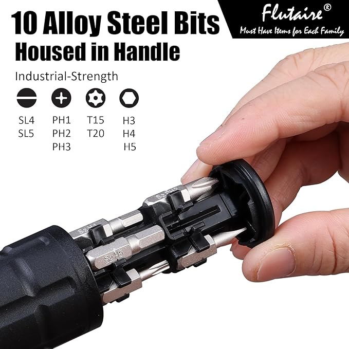 Magnetic Ratcheting Screwdriver 10-in-1 Set with 10 Bits (Phillips, Flathead, Torx, Hex) and 1/4 Inch Nut Driver - Compact Multi-bit Tool Kit for Home & Workshop