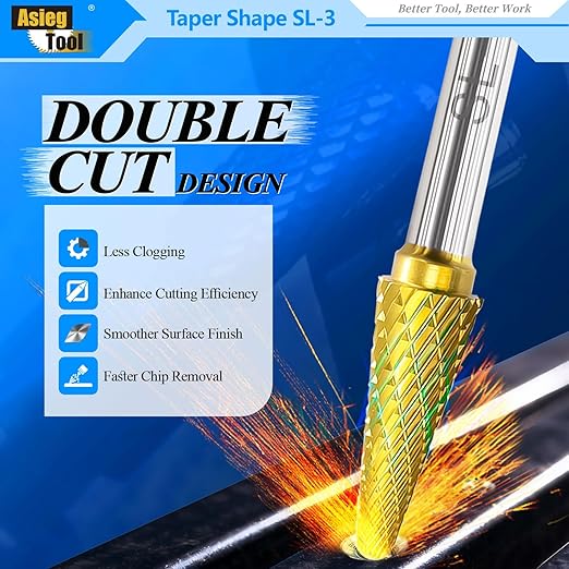 SL-3 5pcs Tungsten Carbide Burr TiN Rotary File Taper Shape with Radius End Double Cut with 1/4" Shank for Die Grinder Drill Bit