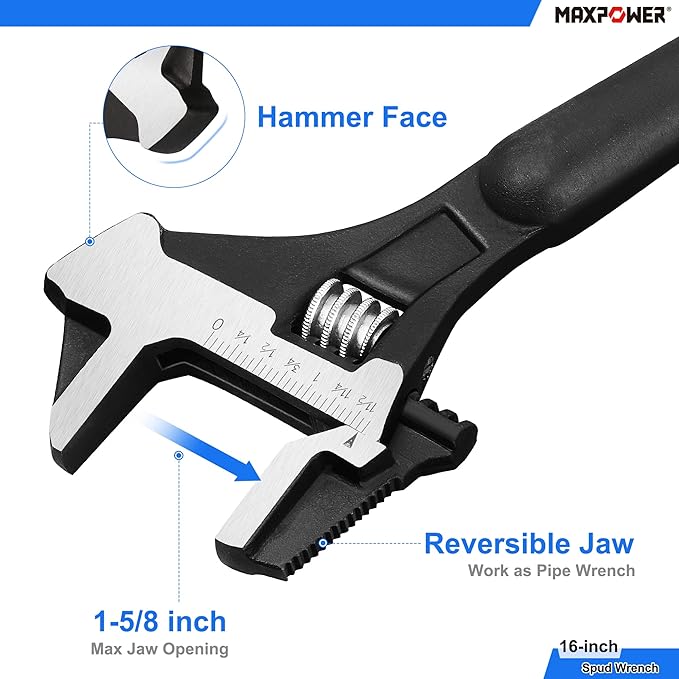 MAXPOWER 2 Pieces Spud Wrenches Set, 12 inch Adjustable Spud Wrench, 16 inch Spud Wrench with Reversible Jaw, Hammer Head