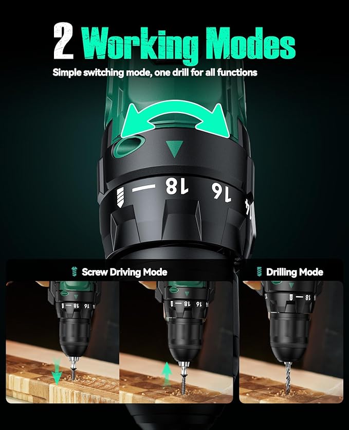 KIMO Cordless Drill Set with 20V 2.0Ah Battery 2 Packs, Max 350 In-lb Torque, 0-1350 RPM, 3/8" Keyless Chuck, 18+2 Clutch Setting, 18pcs Accessories, Power Drill for Drilling Wood Bricks Walls Metal