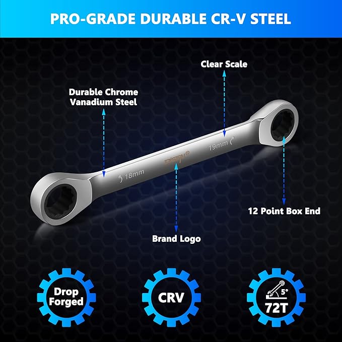 DISEN Double Box End Ratcheting Wrench Set Metric 6-Piece, 8mm-19mm, 72-Tooth Ratchet Wrench Box End with Rolling Pouch, Chrome Vanadium Steel