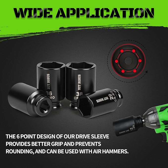 1/2" Drive Impact Socket Set, 9-Piece Metric Deep Axle Nut Sockets, 6-Point, Cr-Mo, 29mm, 30mm, 31mm, 32mm, 33mm, 34mm, 35mm, 36mm,38mm
