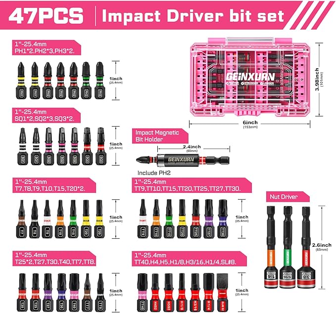 47Pieces Impact Screwdriver Bits Set, Magnetic S2 Steel 1??Phillips/Square/Torx/Slotted/Hex/Security Torx Bits Tips,Impact Bit Holder with Pink Storage Box Case