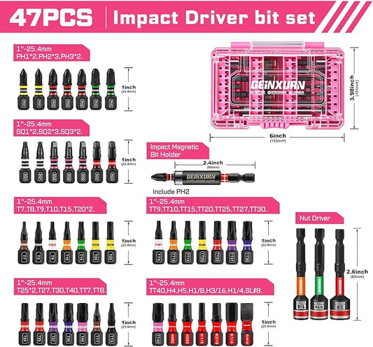 47Pieces Impact Screwdriver Bits Set, Magnetic S2 Steel 1??Phillips/Square/Torx/Slotted/Hex/Security Torx Bits Tips,Impact Bit Holder with Pink Storage Box Case