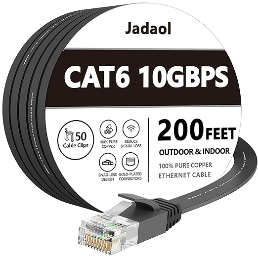 Jadaol Cat 6 Ethernet Cable 200 ft (60.96m), 10Gbps Support Cat8 Cat7 Network, Flat RJ45 LAN Patch Cable, High-Speed Internet Cable for Router, Modem, Switch, Gaming Consoles, Streaming Devices, Black