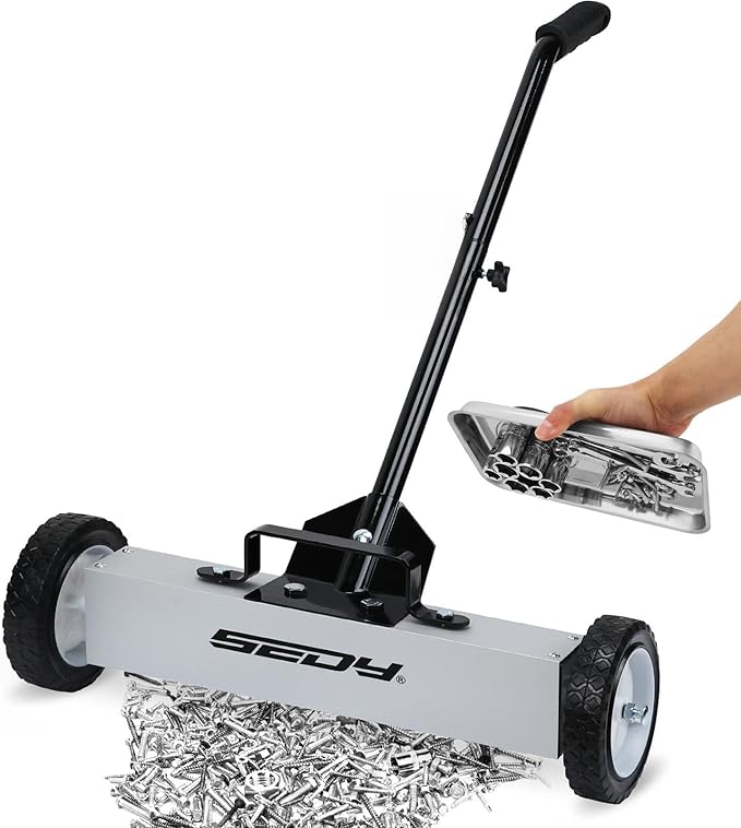 18-Inch Rolling Magnetic Sweeper with 9.5-inch Magnetic Trays, 45-Pound Capacity Telescoping Magnetic Pickup Lawn Sweeper, Adjustable Handle Pick-up Sweeper for Nails, Screws Workshop Garage Yard