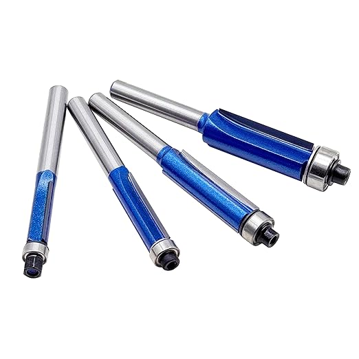 Flush Trim Router Bit Set，4 PCS – ¼″ Shank Top-Bearing Solid Carbide Router Bits for Wood, MDF, Chipboard & Plywood – Cutting Diameters ¼″ • 5⁄16″ • 3⁄8″ • ½″