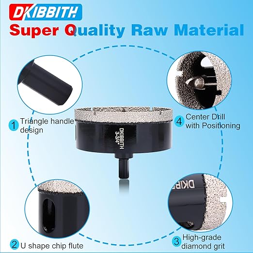 DKIBBITH 3-3/4" Diamond Hole-Saw Bits with Pilot Drill Bit - 3-3/4" Diamond Tipped Tile Hole Saws with Guiding Bit for Porcelain Tile Ceramic Pottery Granite Stone Glass Bottles 95mm.