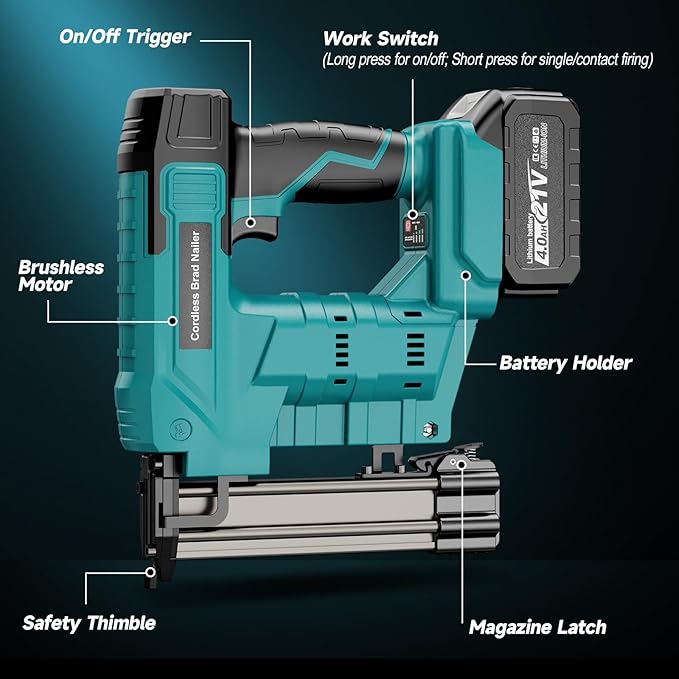Cordless Brad Nailer, Nail Gun with 2Pcs 4.0Ah Battery, 18 Gauge 2 in 1 Electric Staple Guns Battery Powered for Upholstery & Carpentry, Include 1600Pcs Nails & Staples, Charger (Brad Nailer)