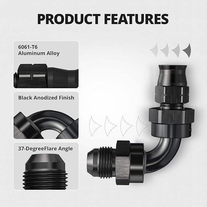 EVIL ENERGY 8AN Male to 3/8" Hardline Compression Fitting Adapter 90 Degree Aluminum Black