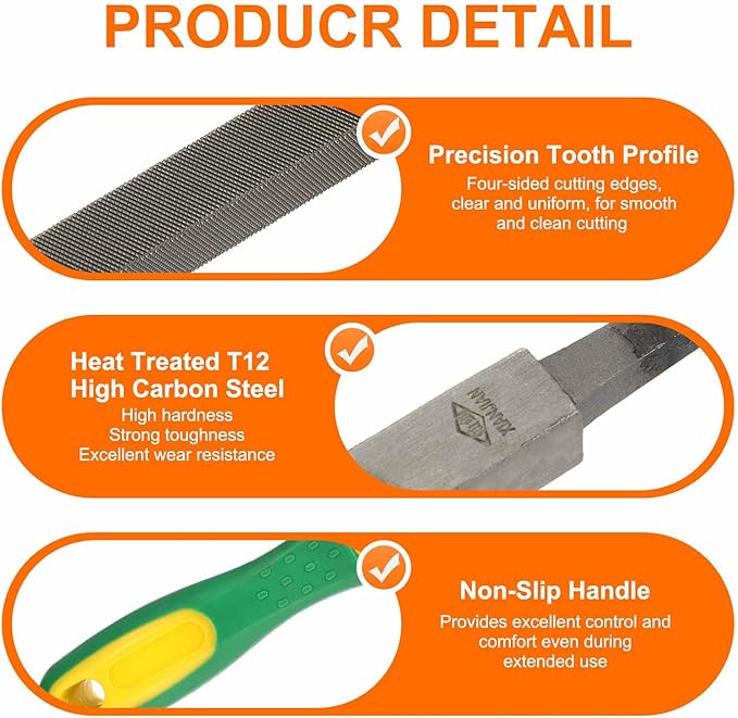 HARFINGTON 8" Square Fine Cut File Double Cut Teeth Fine Metal File High Carbon Steel T12 with Plastic Handle for Metal Wood Finishing Roughing Shaping, Grey/Yellow-Green