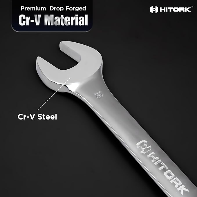 Hitork 6-Piece Large SAE Wrench Set, 12-Point Box End, Drop Forged Chrome-Plated Cr-V Steel, 15° Offset, Polished, Roll Pouch Included – Sizes 15/16” to 1-1/4”