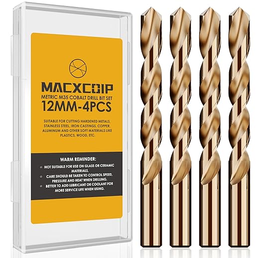 Metric 4Pcs M35 Cobalt Drill Bit Set, 12mm HSS Cobalt Jobber Drill Bits, for Hardened Metals, Stainless Steel, Cast Iron and Wooden Plastics