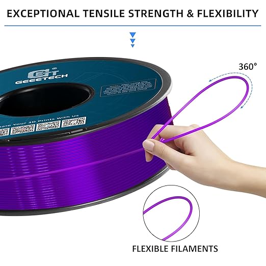 Geeetech TPU Filament 1.75mm, Shore 95A Flexible 3D Printer Filament with High Elasticity, 1KG (2.2lbs) Spool, Dimensional Accuracy 짹0.03mm, Fits Most FDM Printers (Clear Purple)