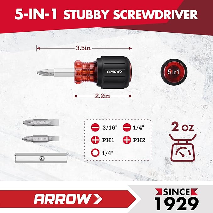 ARROW 2PCS Multi-Screwdriver Set, 11-in-1 Standard/5-in-1 Stubby Multi-bit Screw Driver & Nut Driver Set, Premium S2 Steel, Comfortable Grip, with Phillips, Slotted, Torx, Square Bits and Hex Sockets