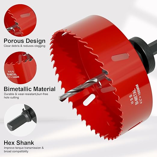 4-1/4" (108mm) Bi-Metal M42 High Speed Steel Hole Saw with Dust Bowl and Pilot Drill Bit, Smooth Cutting Edge for PVC, Drywall, Wood, Plastic, Gypsum Board, Rubber, Thin Metal