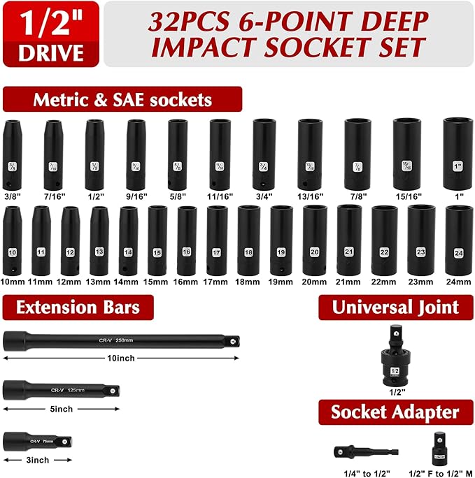 EMENTOL 1/2" Drive Socket Set, 32-Piece Deep Impact Sockets, SAE(3/8"-1") & Metric(10-24mm), Including Extension Bars, Universal Joint, Drill&Socket Adapter, Cr-V Steel