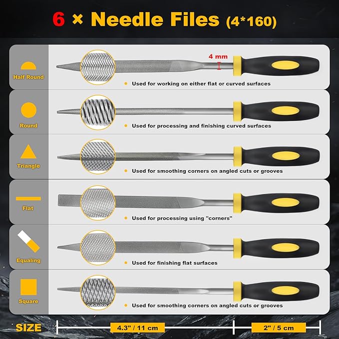 MORROWIND Small 6-Piece Needle File Set, Diameter 0.15" Length 6.3" Hardened Alloy Steel Mini File for Metal Wood Plastic, Includes Flat, Warding, Square, Triangular, Round, Half-Round, Yellow