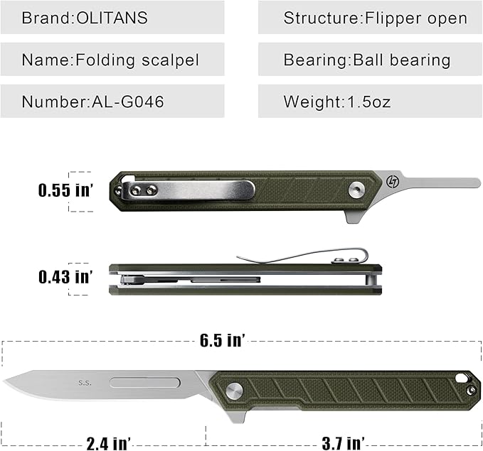 G046 Mecha Mini Slim Folding Scalpel with 5pcs #24 and 5pcs #60 G14 Handle with Liner Lock, Utility EDC Pocket Knife with Back Clip（Green）
