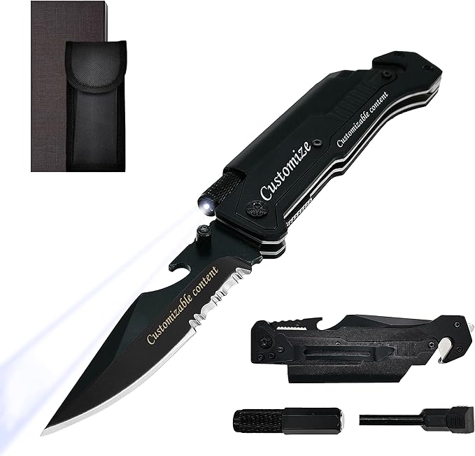 ALBATROSS Personalized Custom Engraving 6-in-1 Multifunctional Folding Pocket Knives with LED Light,Seatbelt Cutter,Glass Breaker,Magnesium Fire Starter,Bottle Opener