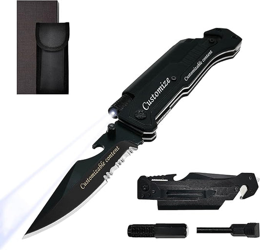 ALBATROSS Personalized Custom Engraving 6-in-1 Multifunctional Folding Pocket Knives with LED Light,Seatbelt Cutter,Glass Breaker,Magnesium Fire Starter,Bottle Opener
