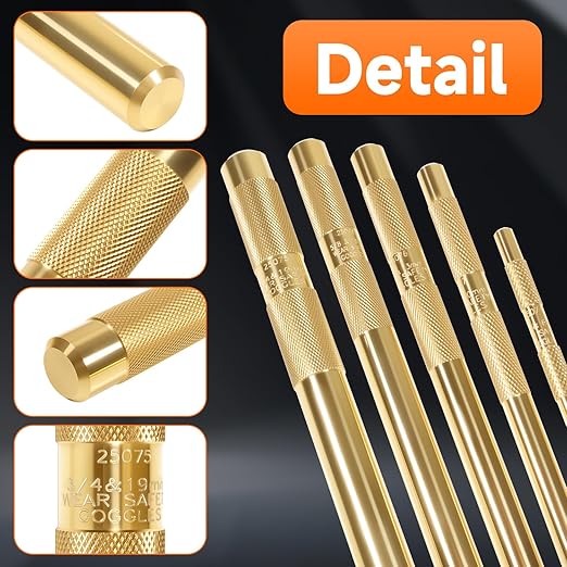 Brass Drift Punch Set 1/4'' 3/8'' 1/2'' 5/8'' 3/4'' 5 Pcs Hand Punches Tool 1/4-Inch 3/8-Inch 1/2-Inch 5/8-Inch 3/4-Inch Brass Pin Drive Punch Set Replace 67003-MAI 045256670034