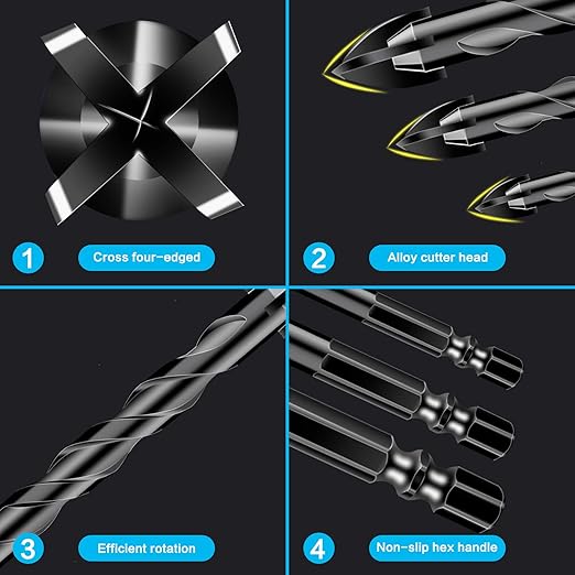 5 Pcs Masonry Concrete Drill Bit Set for Tile Brick Glass Plastic Wood, Tungsten Carbide Tip, Hex Shank, Work with Ceramic Porcelain Tile Wall Mirror Paver 3/16" 1/4" 5/16" 3/8" 1/2" Drill Bit Set