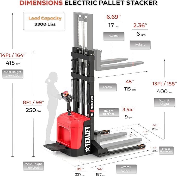 Full Electric Forklift Walkie Pallet Stacker with Stand - Fixed Straddle Legs and Adjustable Forks 5.50 Inch to 27 Inch ??Material Lifter 3300lbs Capacity 13Ft/158 Inch Lifting Heights (US-DS33K-158)