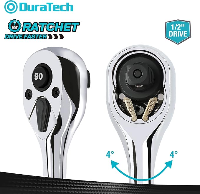 DURATECH 1/2-Inch Drive Ratchet, 90-Tooth Quick-release Ratchet Wrench, Reversible, Cr-V Made, Full Polished, Stocking Stuffers for Men Women Gifts for Men Gifts for Women Gifts for Dad