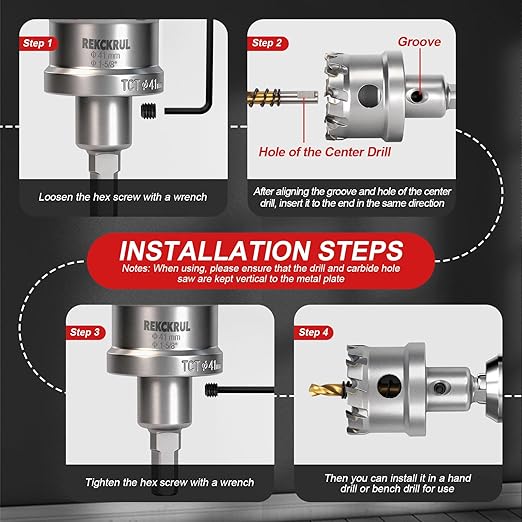 1-5/8" (41mm) TCT Carbide Hole Saw Kit for Metal - Heavy Duty Hole Cutter Drill Bits Set with 2 Titanium/Step Pilot Drill Bits & L-Wrench, Cuts Stainless Steel, Iron, Aluminum, Wood, Plastic