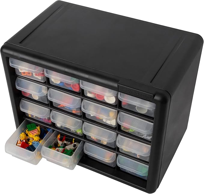 Akro-Mils 16-Drawer Plastic Cabinet for Garage Organization, Beads, Makeup Organizer, Building Bricks Storage, Teacher Toolbox, 10-1/2" W x 6-1/2" D x 8-1/2" H, 10716 Black (Pack of 4)