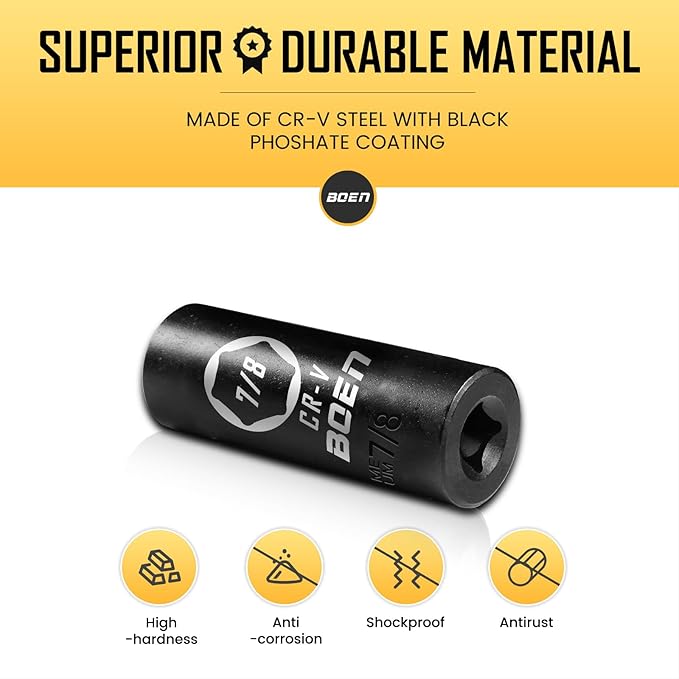 BOEN 1/2" Drive Deep Impact Socket,7/8 Inch Premium Socket,SAE,6 Point,Cr-V Steel with Laser Marking - Strong and Durable