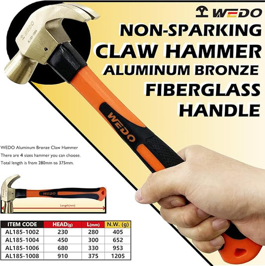 WEDO Non-Sparking Claw Hammer 32oz(2lb), Spark-free Safety Claw Hammer, Aluminum Bronze, Die-Forge, Corrosion Resistant, DIN Standard, 375mm Length