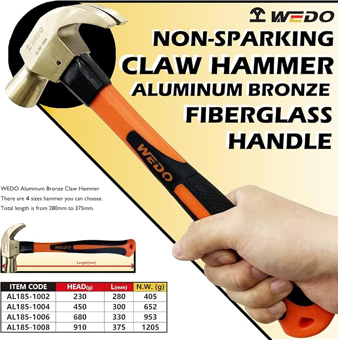 WEDO Non-Sparking Claw Hammer 8oz(1/2lb), Spark-free Safety Claw Hammer, Aluminum Bronze, Die-Forge, Corrosion Resistant, DIN Standard, 280mm Length