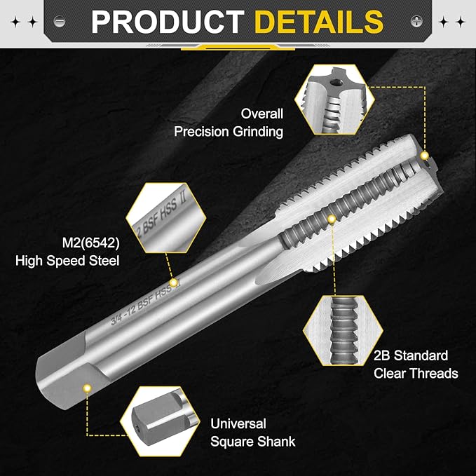 uxcell Hand Plug Tap 3/4"-12 BSF 2B Thread Plug Style Taps Straight Flute Screw Tapping Threading Tool High Speed Steel HSS6542