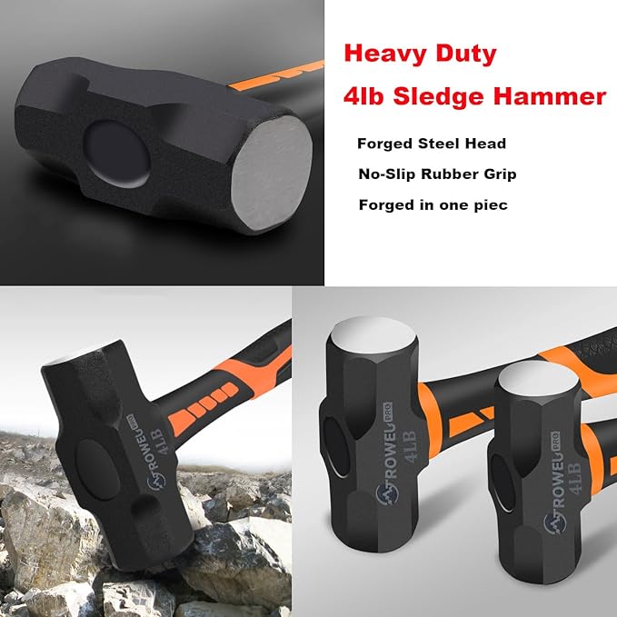 2 Pack 4lb Sledge Hammer - 14.5 Inch Shock-Resistant Fiberglass Handle, Heavy Duty Drilling Crack Hammer with Forged Steel Head for Demolition, DIY & Construction
