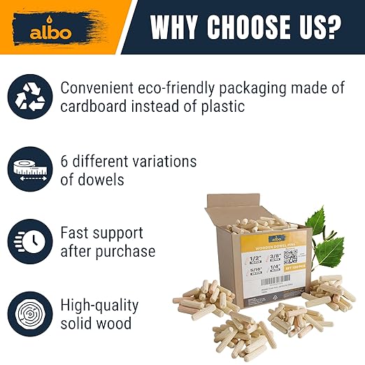 ALBO Wooden Dowel Pins 100 Pack Assorted Sizes 1/2 + 3/8 + 5/16 + 1/4 inch Fluted Wood Dowels Rods Hardwood Crafts Dowel Pegs