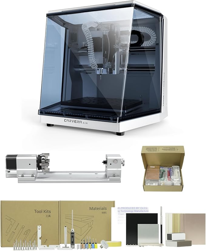 Carvera Air Desktop CNC Machine with 4th Axis and PCB Fabrication Pack, Compact Enclosed Mini CNC Router Mill, Quick Tool Changer Closed-Loop Control, User-Friendly CAM Milling,Cutting, DIY, Crafts
