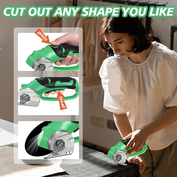 Cordless Electric Scissors, 4V Rechargeable Box Cutter & Cardboard Cutter with Titanium Blade, LED Light, Safety Lock - Rotary Cutter for Fabric, Leather, Plastic, Crafting, Sewing(Bright Green)