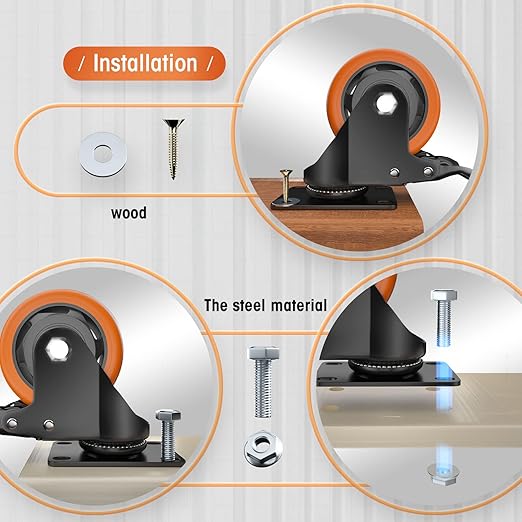 Casters, 3" Caster Wheels竊똂asters Set of 8 Heavy Duty - ASRINIEY Orange Polyurethane Castors, Top Plate Swivel Wheels, 8-Pack Industrial Casters with Brake, Locking Casters for Furniture and Workbench