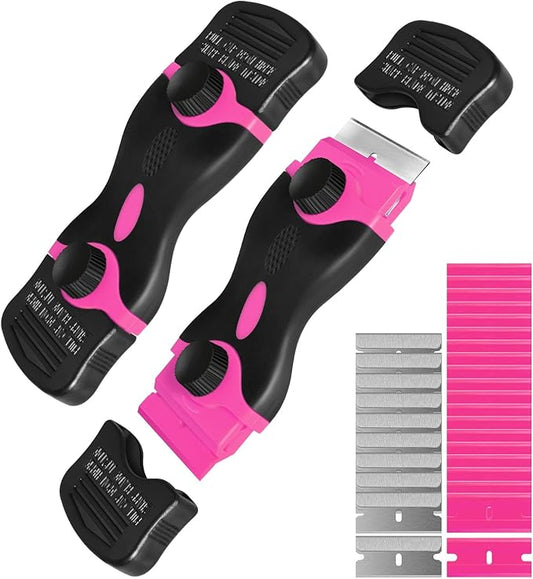 Razor Blade Scraper, Double Edge Razor Scraper Remover Tool with 30 Pcs Razor Blades for Labels Stickers Decals Removal Auto Window Tint Vinyl Tool Application (Pink)