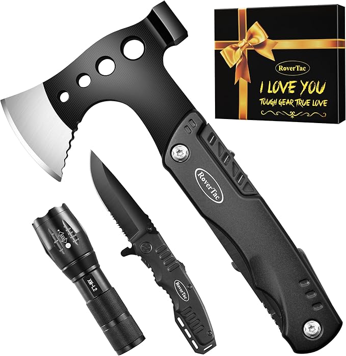 RoverTac Multitools Gift Set, 11-in-1 Multi Tool Axe, LED Flashlight, Tactical Knife in ?쏧 LOVE YOU??Gift Box, Tool Gift for Husband, Boyfriend, Dad, Camping Essentials Survival Gear Multitool