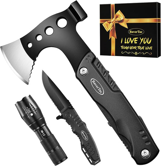 RoverTac Multitools Gift Set, 11-in-1 Multi Tool Axe, LED Flashlight, Tactical Knife in ?쏧 LOVE YOU??Gift Box, Tool Gift for Husband, Boyfriend, Dad, Camping Essentials Survival Gear Multitool