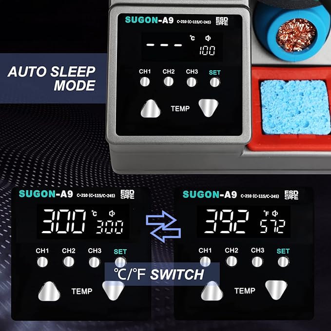 SUGON A9 210 Precision Soldering Station, Fast heating to 716째F in 2 seconds, 120W Soldering Iron Station kit with 6 Soldering Iron Tip, 3 Preset temperature, 212-842?? Soldering Iron Replacement Rack