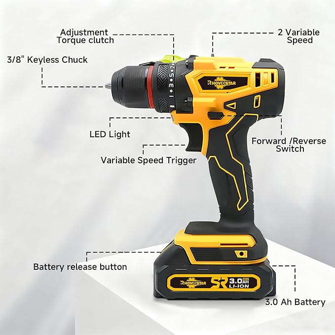 Cordless Drill Set with Battery And Charger,Power Drill Tool Set 20v,3/8-Inch Keyless Chuck,Variable Speed (Equipped with two batteries)